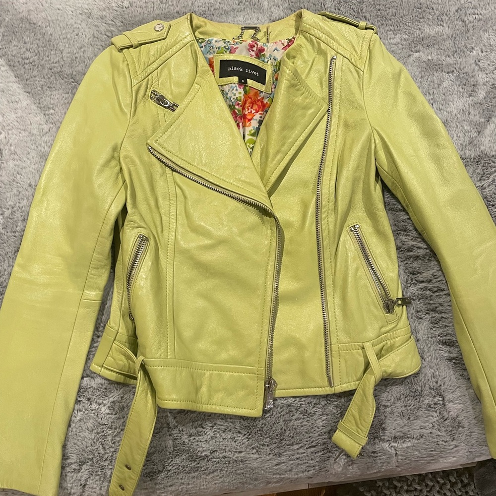 Lime green 100% leather jacket by black river. Size small. Gently worn like new
